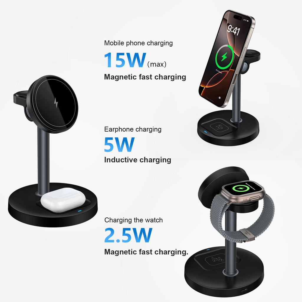 Cargador Inalámbrico Magnético 3 en 1 para iPhone, Watch y AirPods